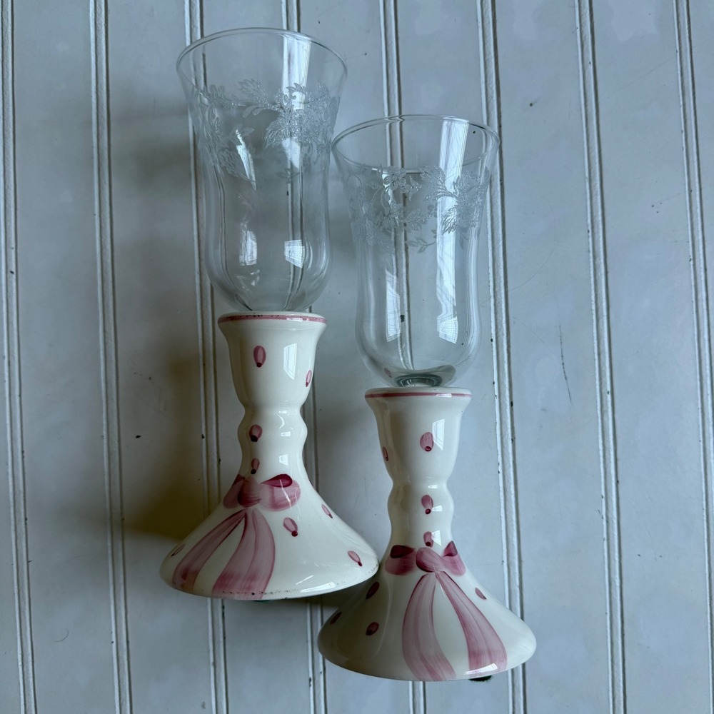 Pink Ribbon Bow Ceramic Candlesticks with Etched Glass Chimneys Set of 2